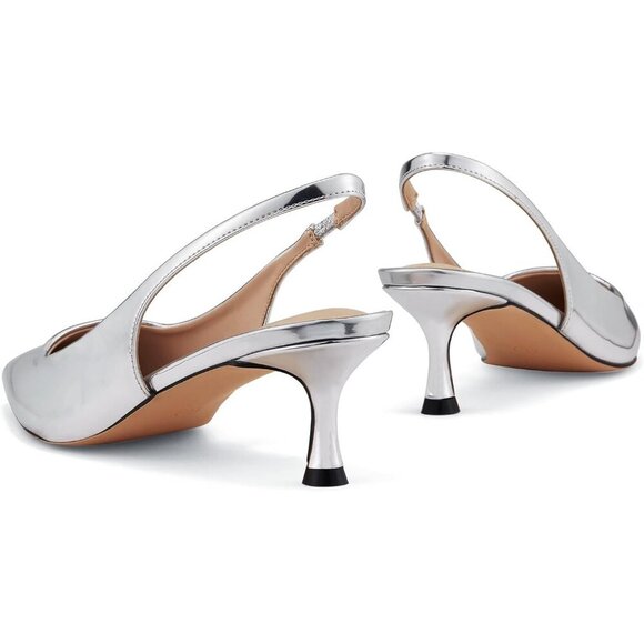 🆕Women Silver Trendy Closed Toe Sling Back Kitten Heels Low Dressy Pumps - Picture 4 of 8